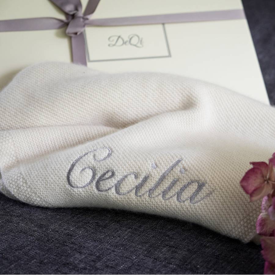personalised knitted cashmere baby blanket by able labels