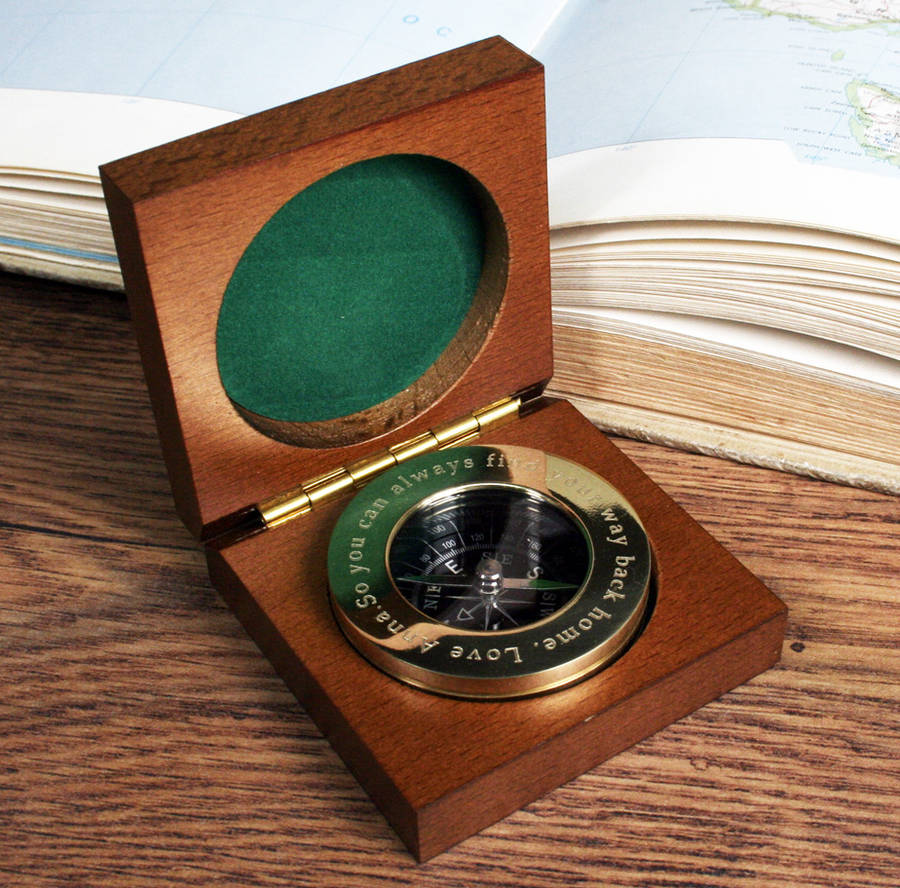 Personalised Brass Compass Paperweight With Wooden Box, 1 of 3