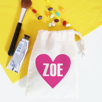 Personalised 'Name Heart' Draw Cord Makeup And Bits Bag, 2 of 7
