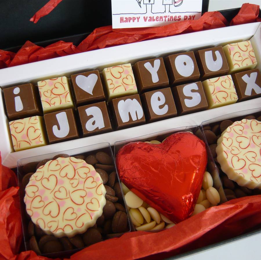 personalised gift box of 'i love you' chocolates by chocolate by
