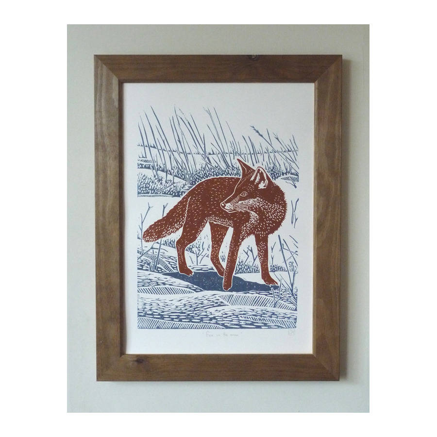 Fox In The Snow Linocut Poster Print, 1 of 2