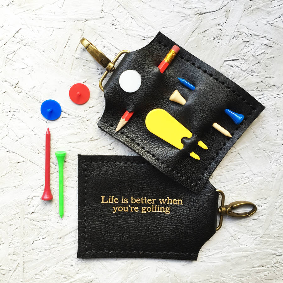 personalised leather golf tee and accessories holder by parkin & lewis