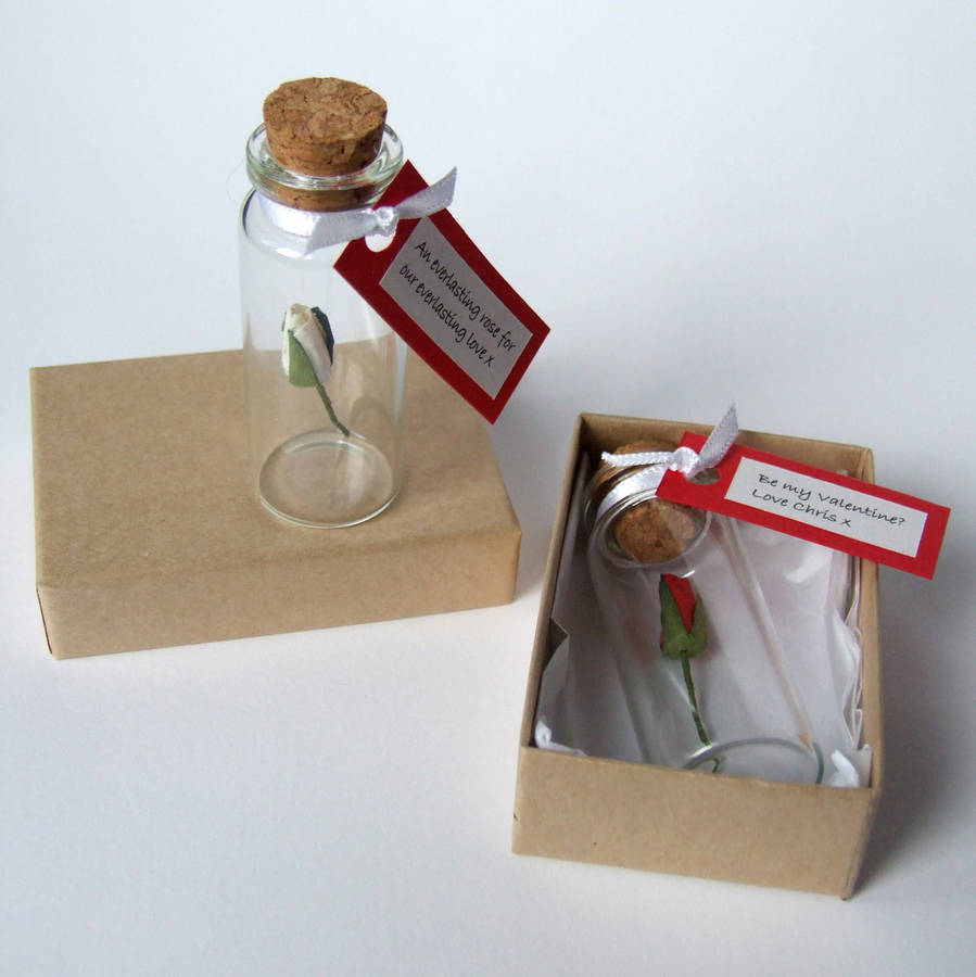 tiny single rose in a bottle with personalised message by made in words ...