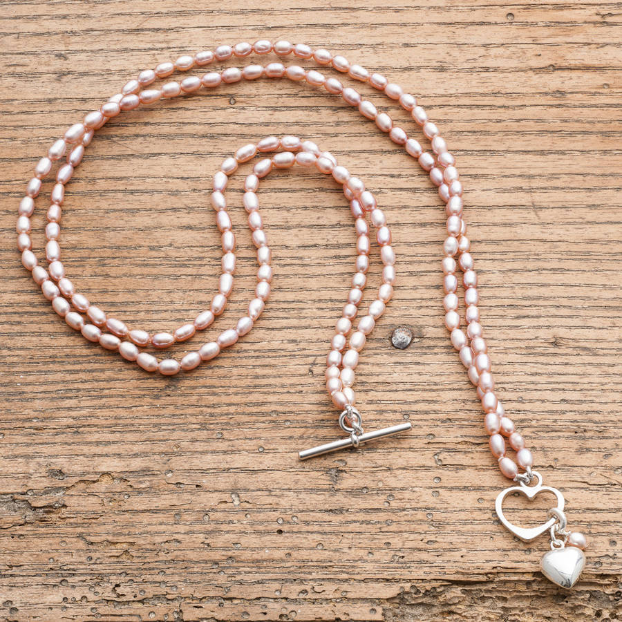 Double Strand Rice Pearl Necklace And Silver Heart, 1 of 4
