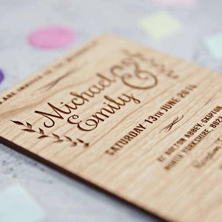 Original Floral Wooden Wedding Invitation 