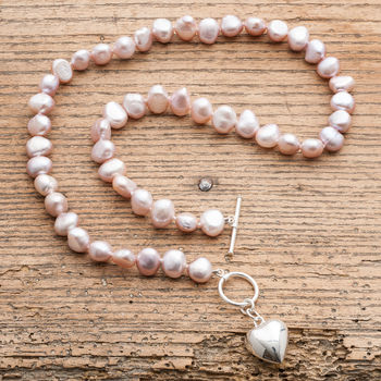Freshwater Pearl Necklace With Silver Puffed Heart, 2 of 3