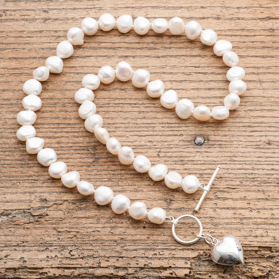 Freshwater Pearl Necklace With Silver Puffed Heart, 1 of 3