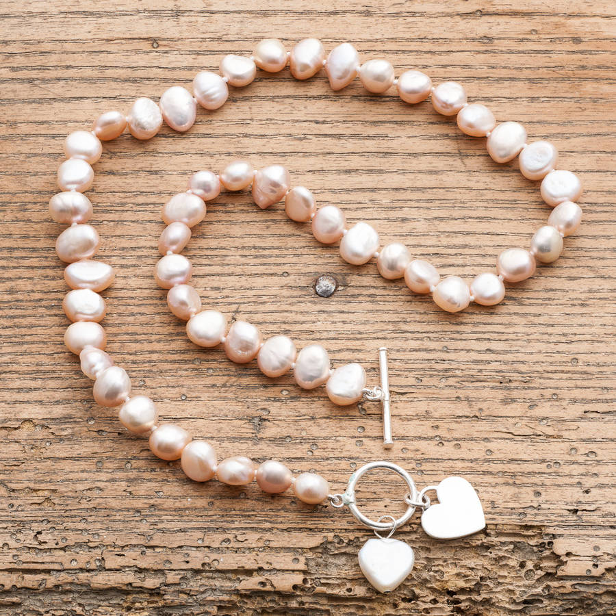 Freshwater Pearl Necklace With Silver And Pearl Hearts, 1 of 3