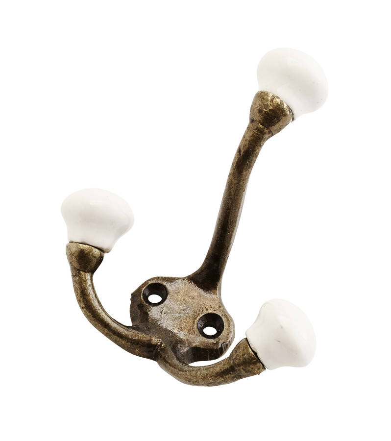 Three Arm Brass And Porcelain Coat Hook By horsfall & wright