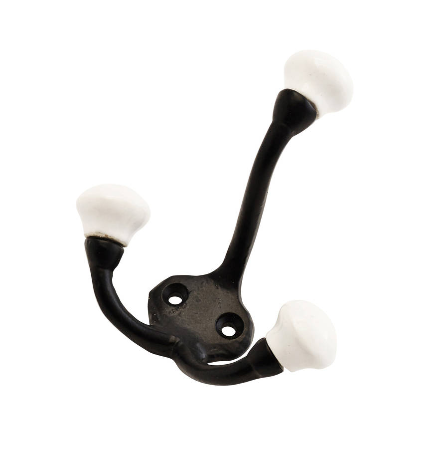 Three Arm Black Metal And Porcelain Coat Hook By horsfall & wright