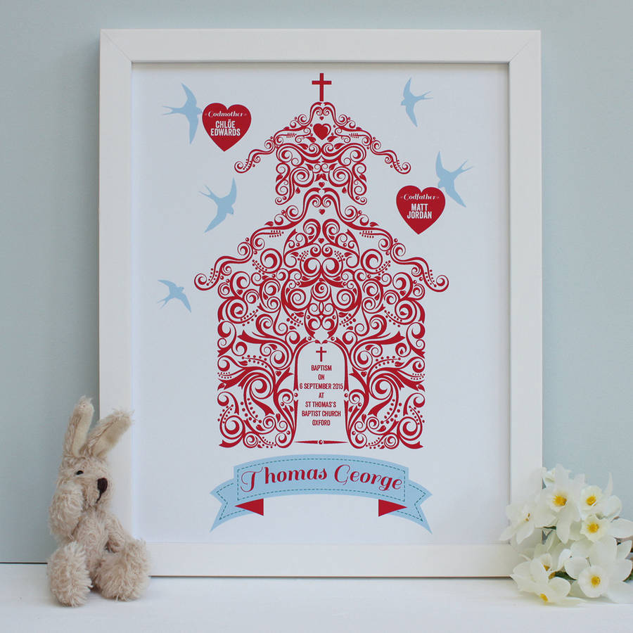 personalised christening with godparents framed print by birdyhome