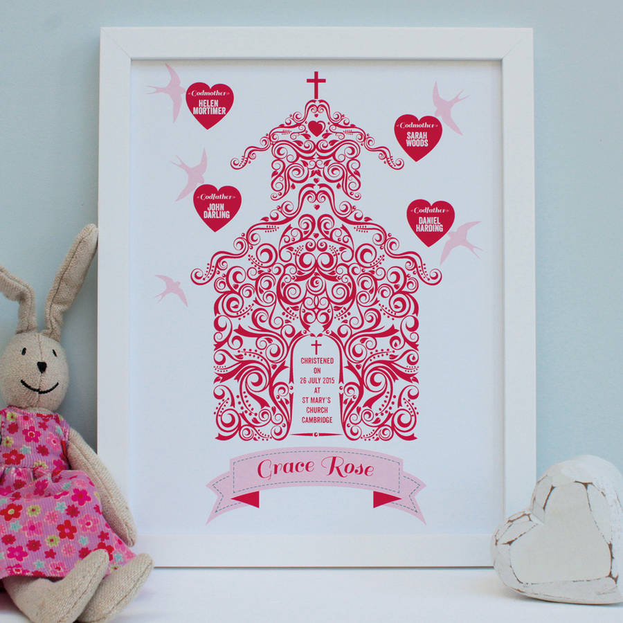 personalised christening with godparents framed print by birdyhome