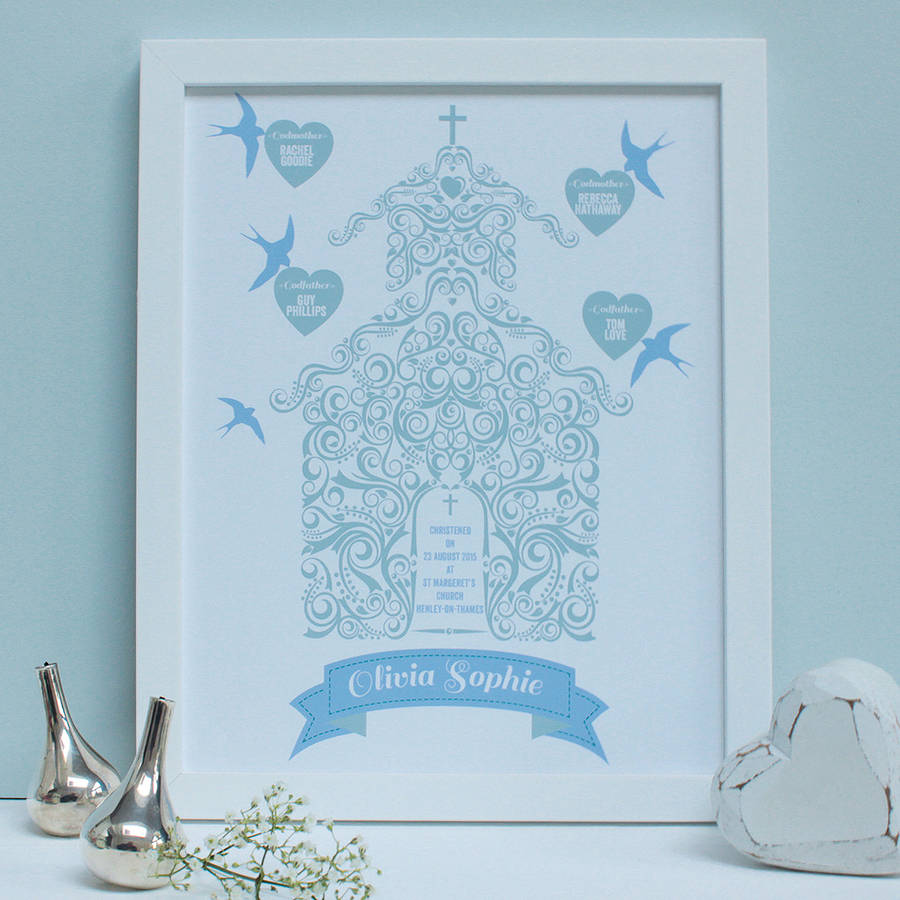 personalised christening with godparents framed print by birdyhome
