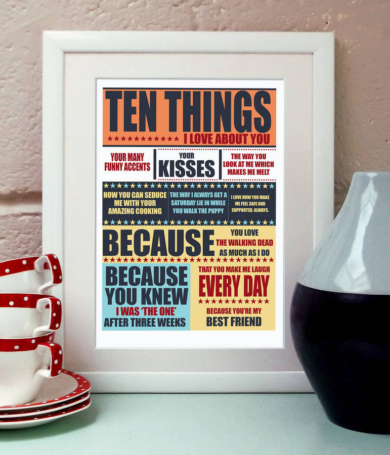 Ten things i love about you print by blue fox prints