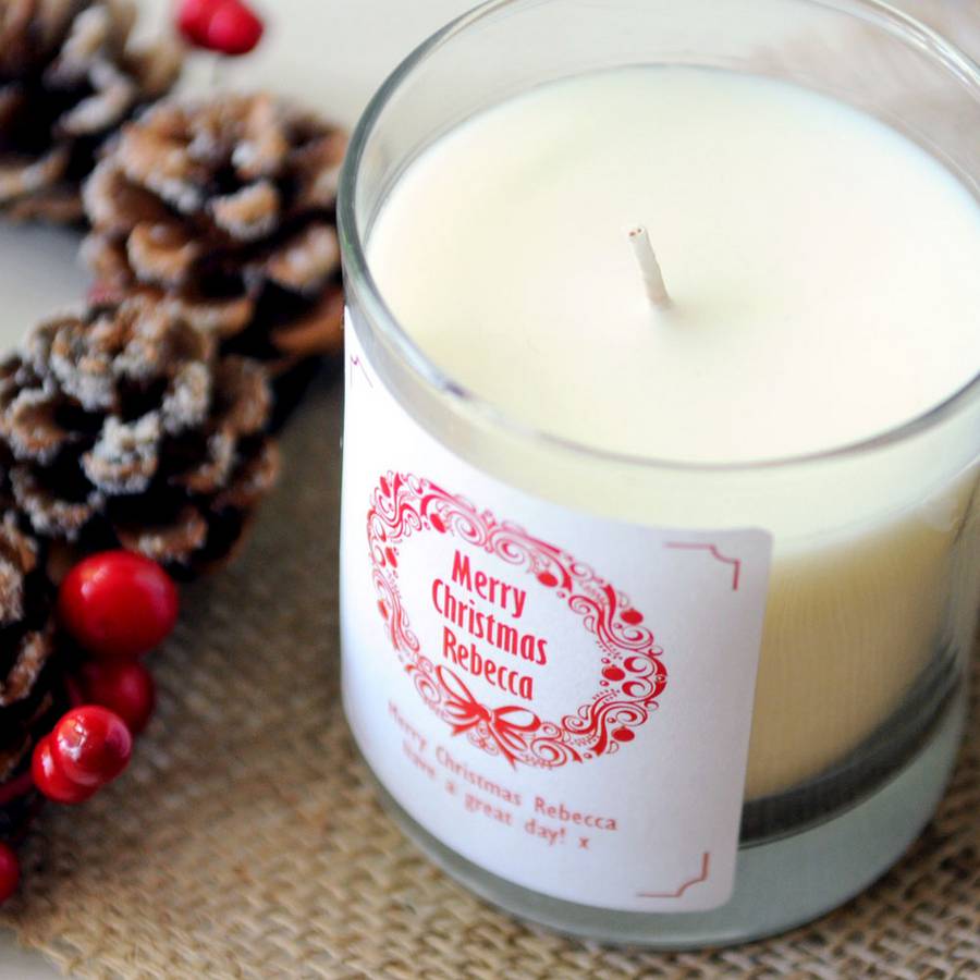 merry christmas wreath personalised scented candle by chalk and cheese