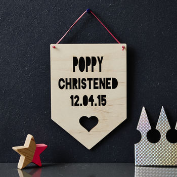 Personalised Christening Heart Hanging Wooden Flag, 3 of 4