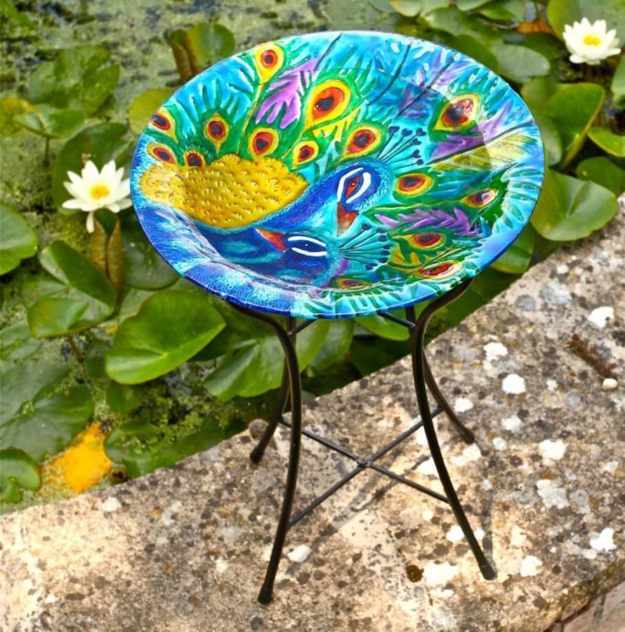 glass peacock bird bath by garden selections
