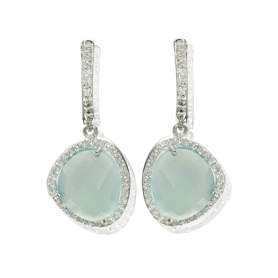 Aqua Gemstone Silver Drop Earrings Diamante, 1 of 3