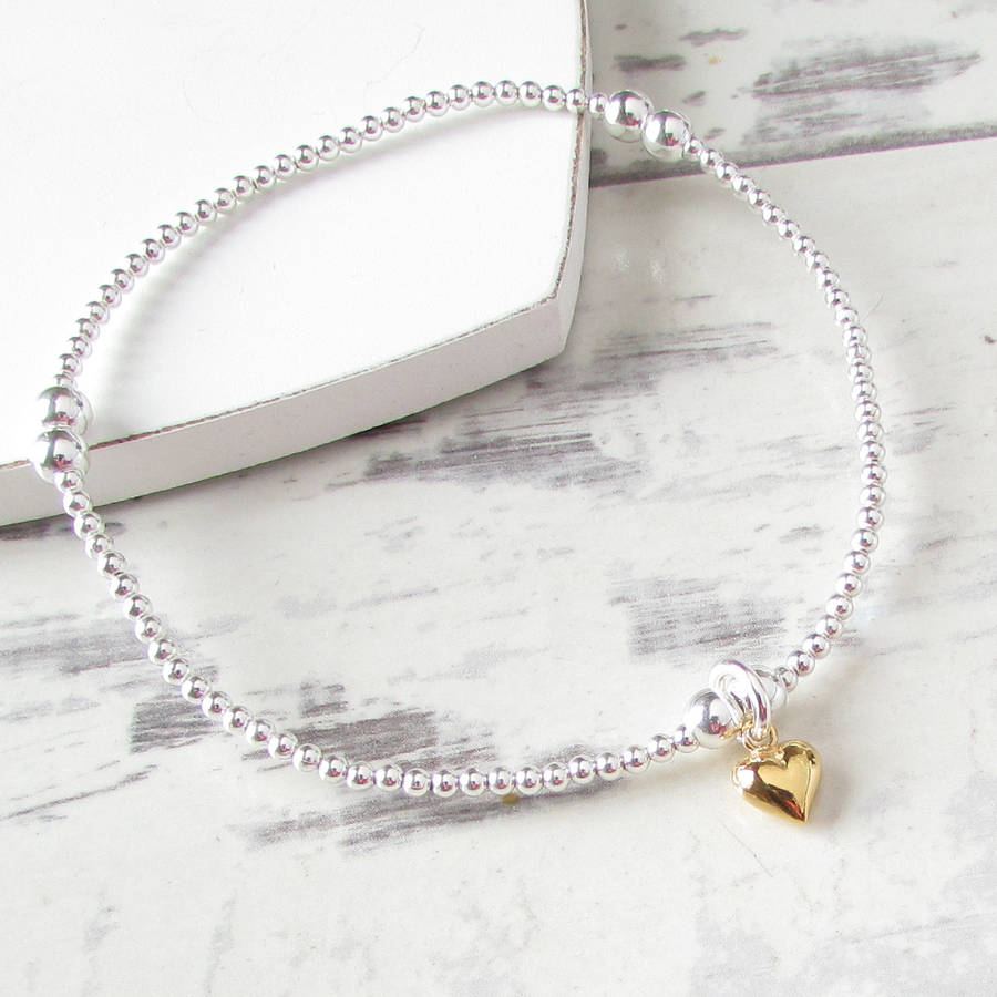 sterling silver beaded tiny gold heart bracelet by evy designs