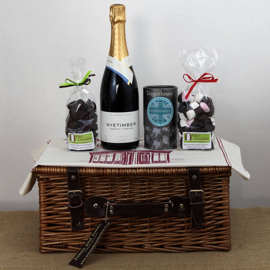 English Sparkling Wine And Chocolates Hamper Case By Jones and Jones of