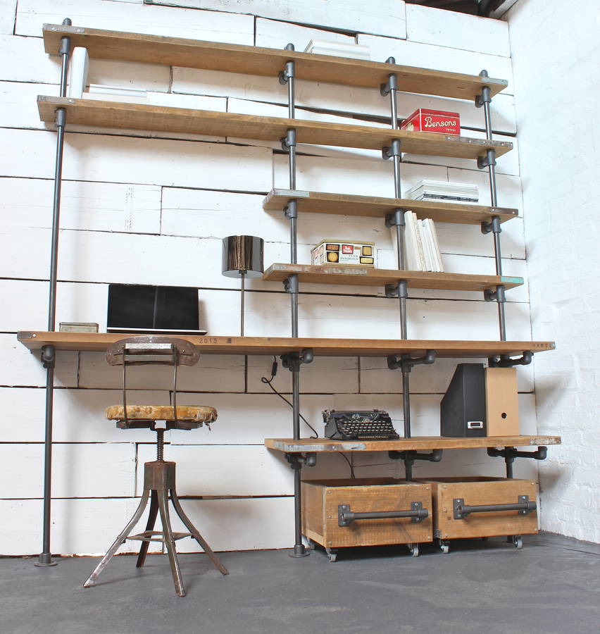 industrial pipe desk with shelves