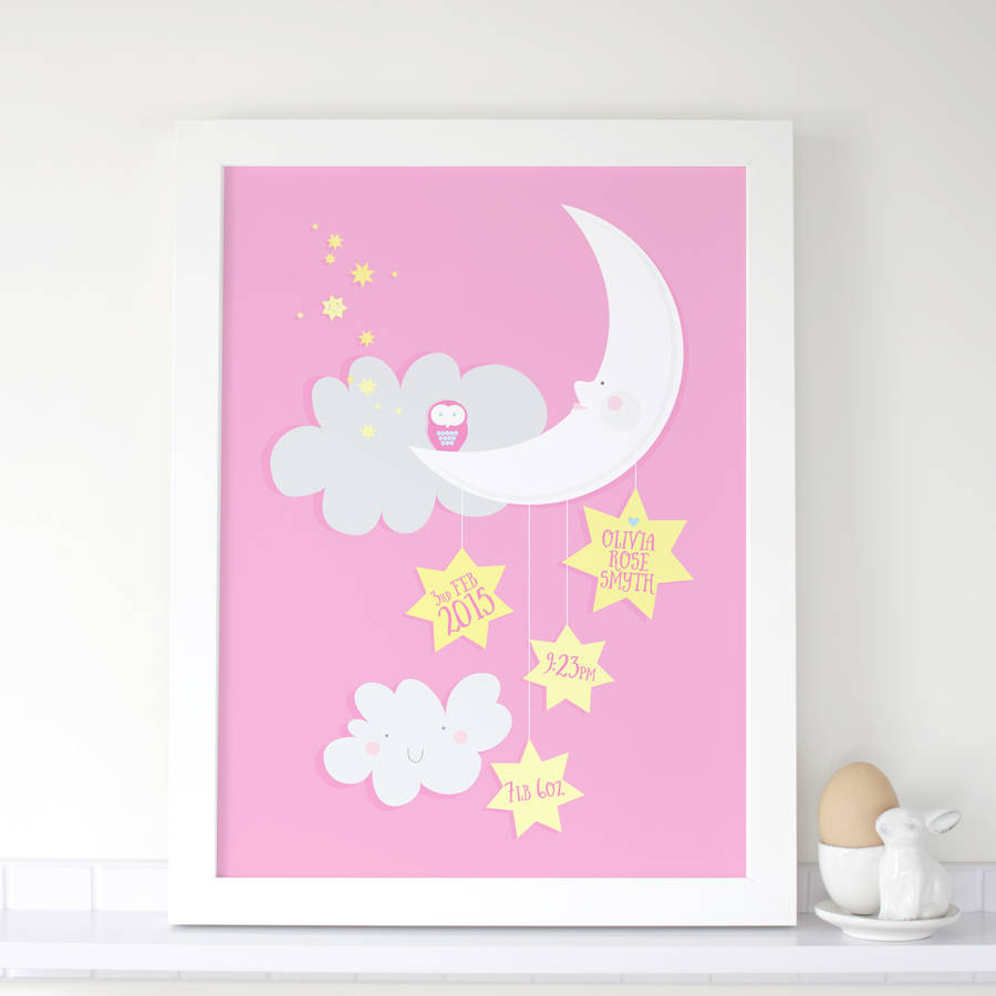 personalised baby birth print with moon and stars by the bonny print co