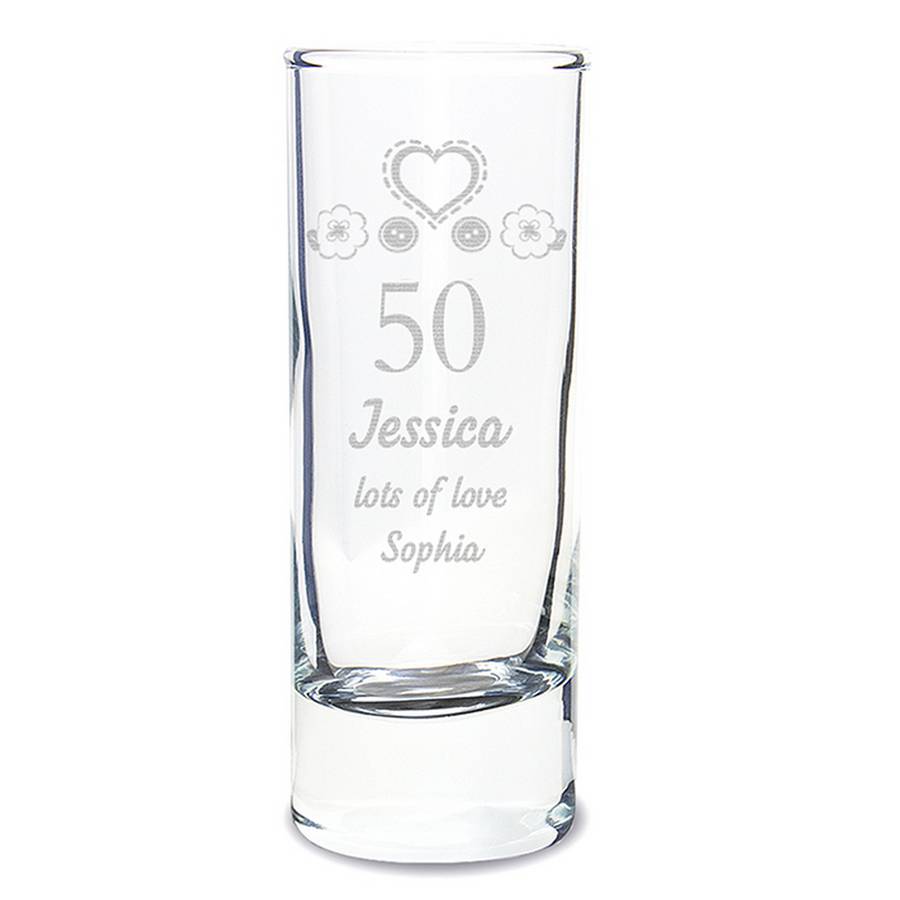 50th Birthday Personalised Heart And Buttons Shot Glass By Chalk And Cheese Candles And Wax