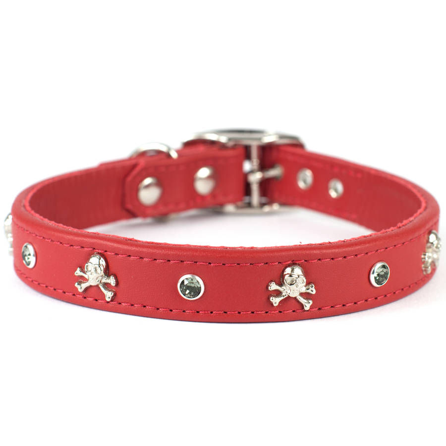 Skulls And Crystal Handmade Leather Dog Collar By Petiquette Collars