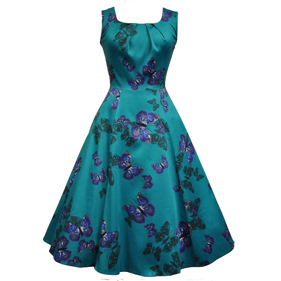 1950s Vintage Style Teal Butterfly Print Jasmine Dress By Lady Vintage ...