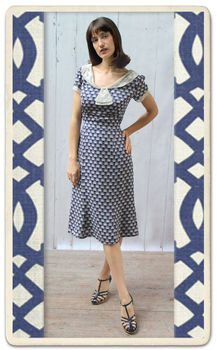 1940's Style Day Dress In Navy Fan Print Crepe, 2 of 3