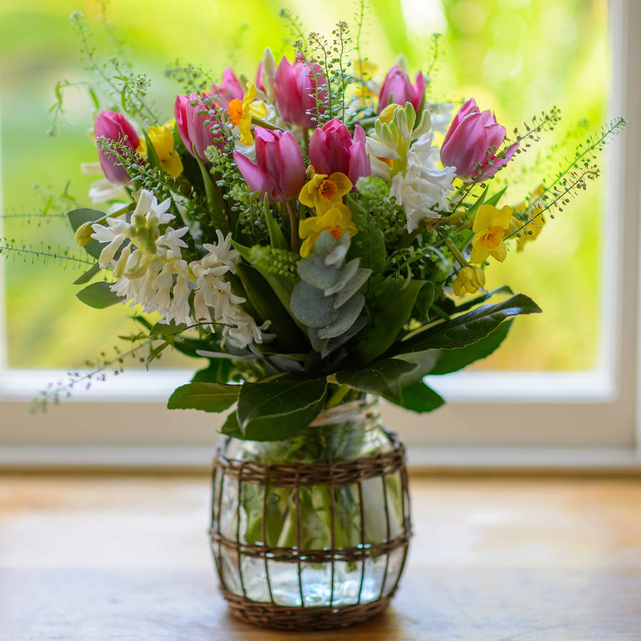 country wicker basket glass flower vase by the flower studio