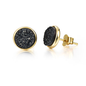 Round 18k Gold Plated Black Druzy Stud Earrings, 3 of 4