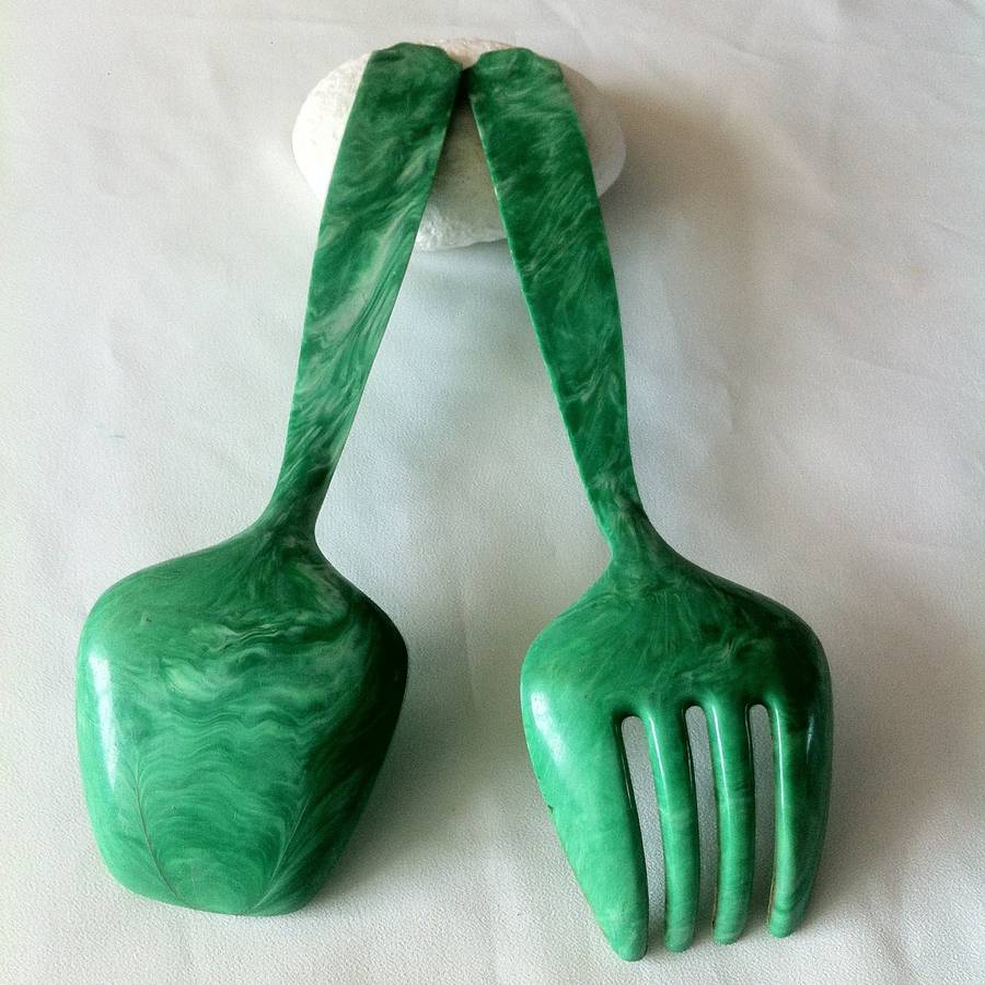 Green 1950's Bakelite Salad Serving Spoons By Iamia