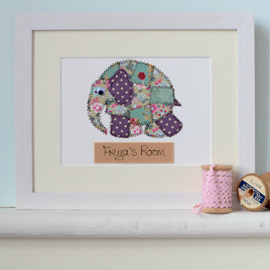 personalised elephant embroidered framed artwork by zoe gibbons