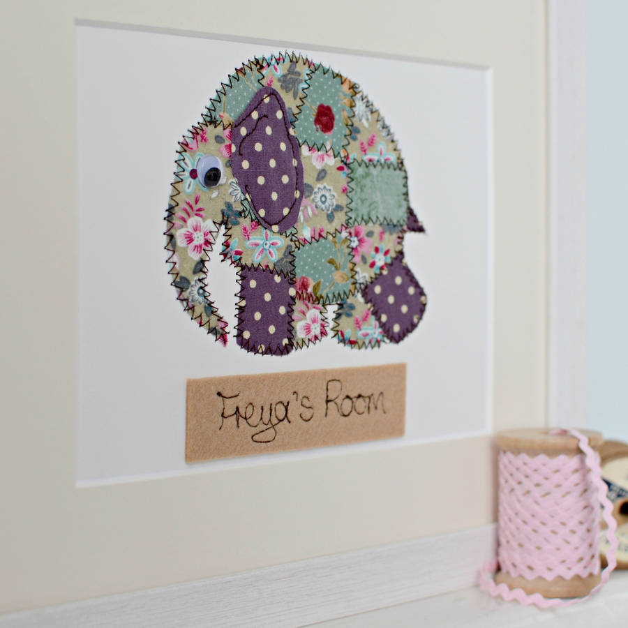 personalised elephant embroidered framed artwork by zoe gibbons