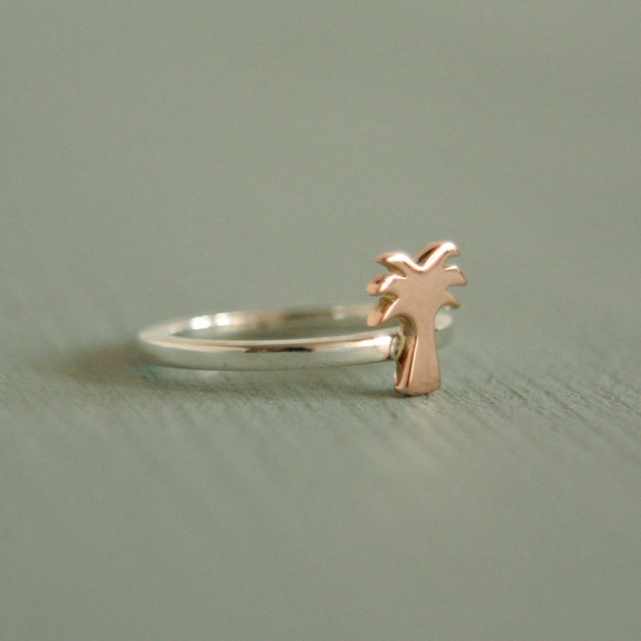 palm tree ring handmade silver and rose gold by rock cakes
