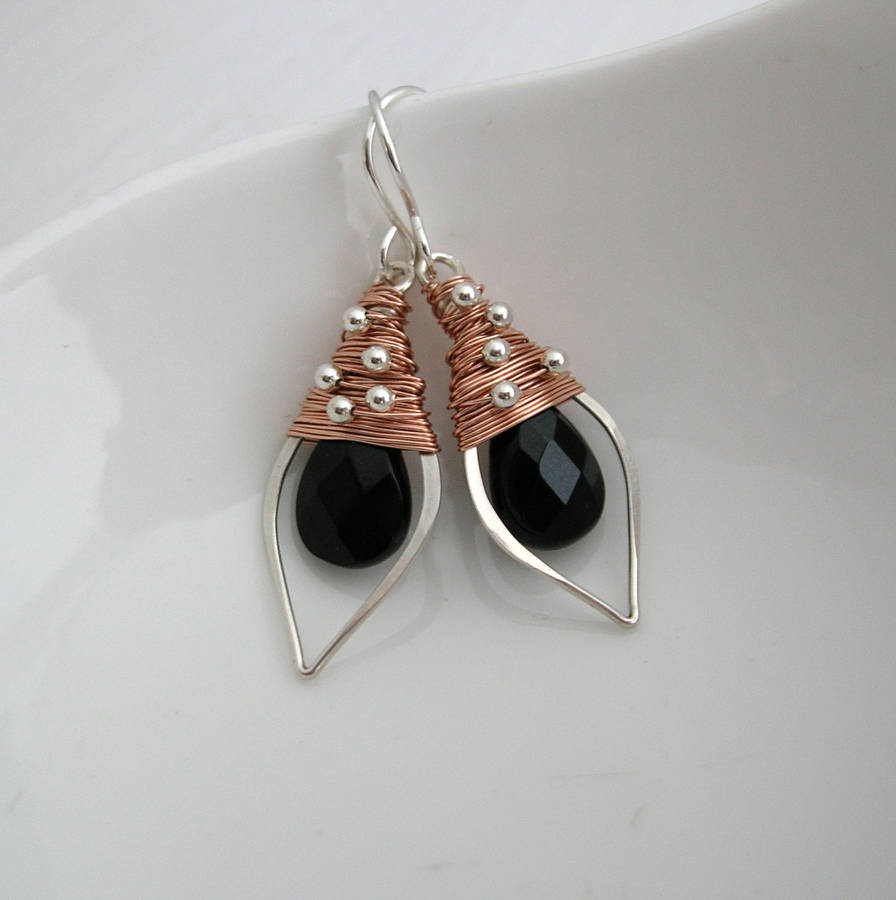 Black Onyx, Silver And Rose Gold Leaf Hoops By Sarah Hickey