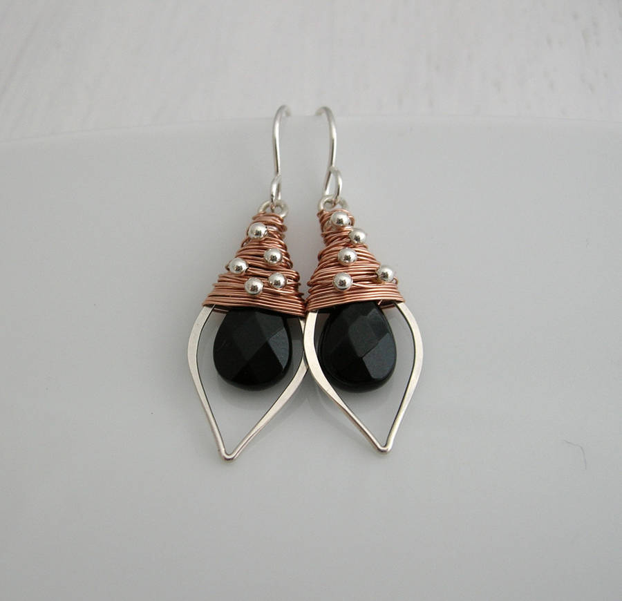 Black Onyx, Silver And Rose Gold Leaf Hoops By Sarah Hickey