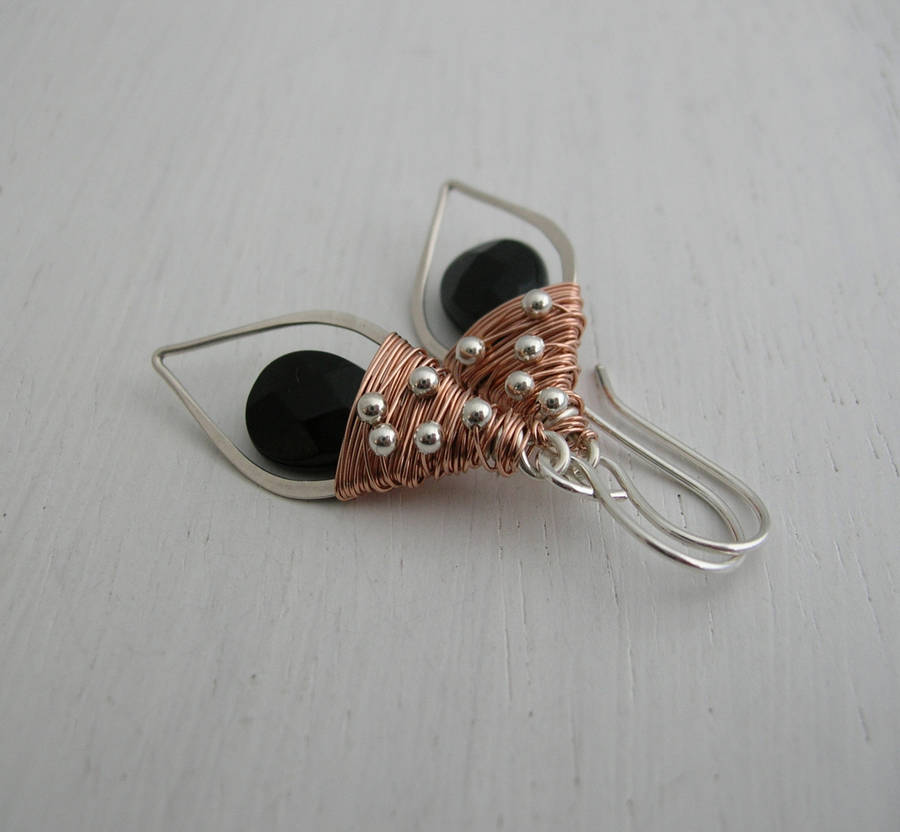 Black Onyx, Silver And Rose Gold Leaf Hoops By Sarah Hickey