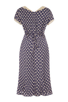 1940's Style Day Dress In Navy Fan Print Crepe, 3 of 3