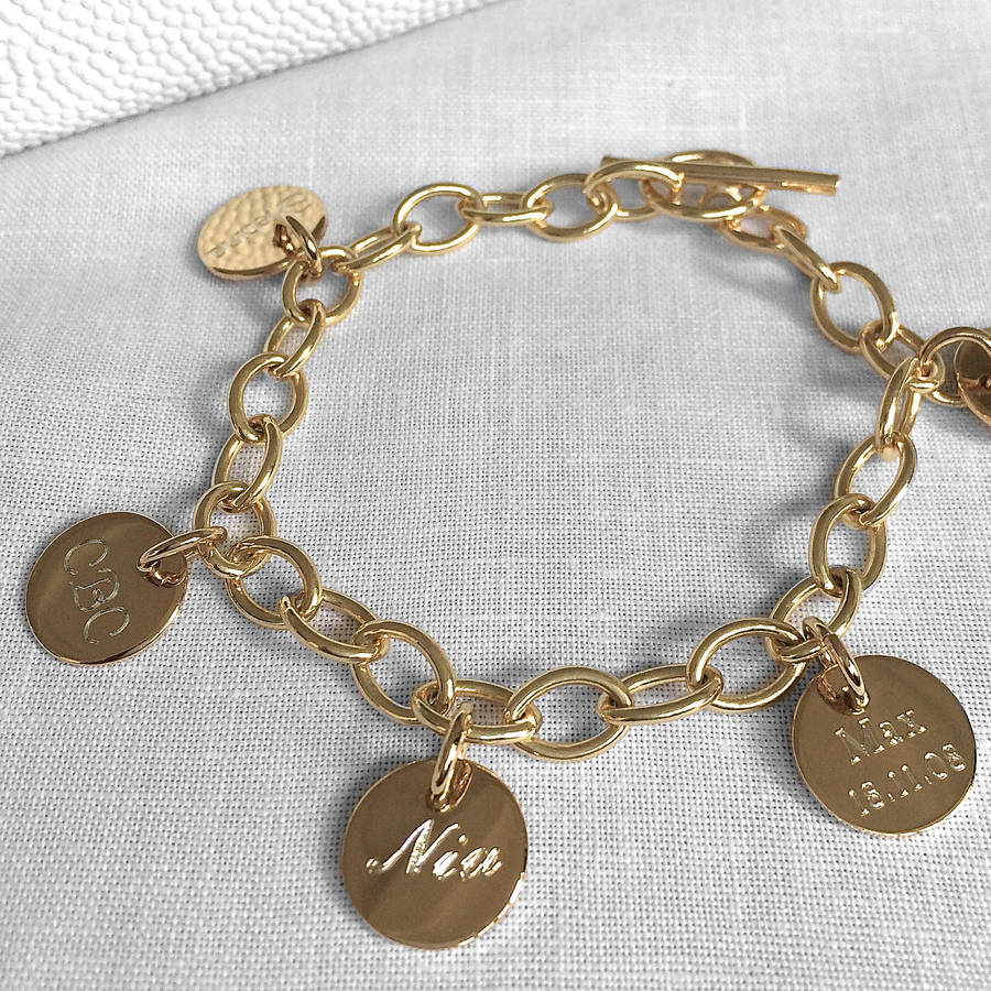 personalised loved ones gold disc charm bracelet by hurleyburley