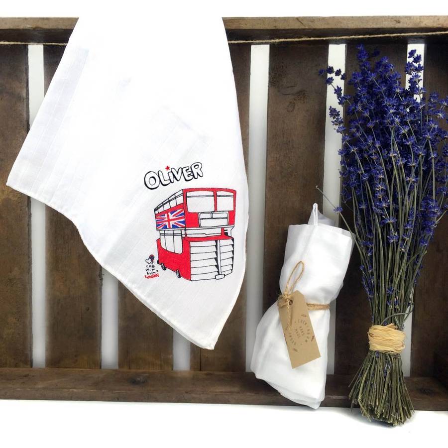 Personalised Red Double Decker Bus Muslin Swaddle By Chewingum London
