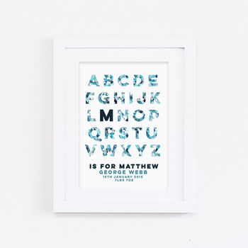 personalised new baby alphabet print by sweetlove press
