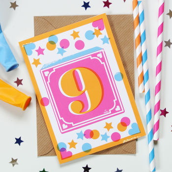 Kids' Age Number Block Print Birthday Cards, 9 of 10