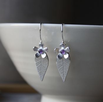 Silver Leaf And Gemstone Daisy Drop Earrings, 2 of 4