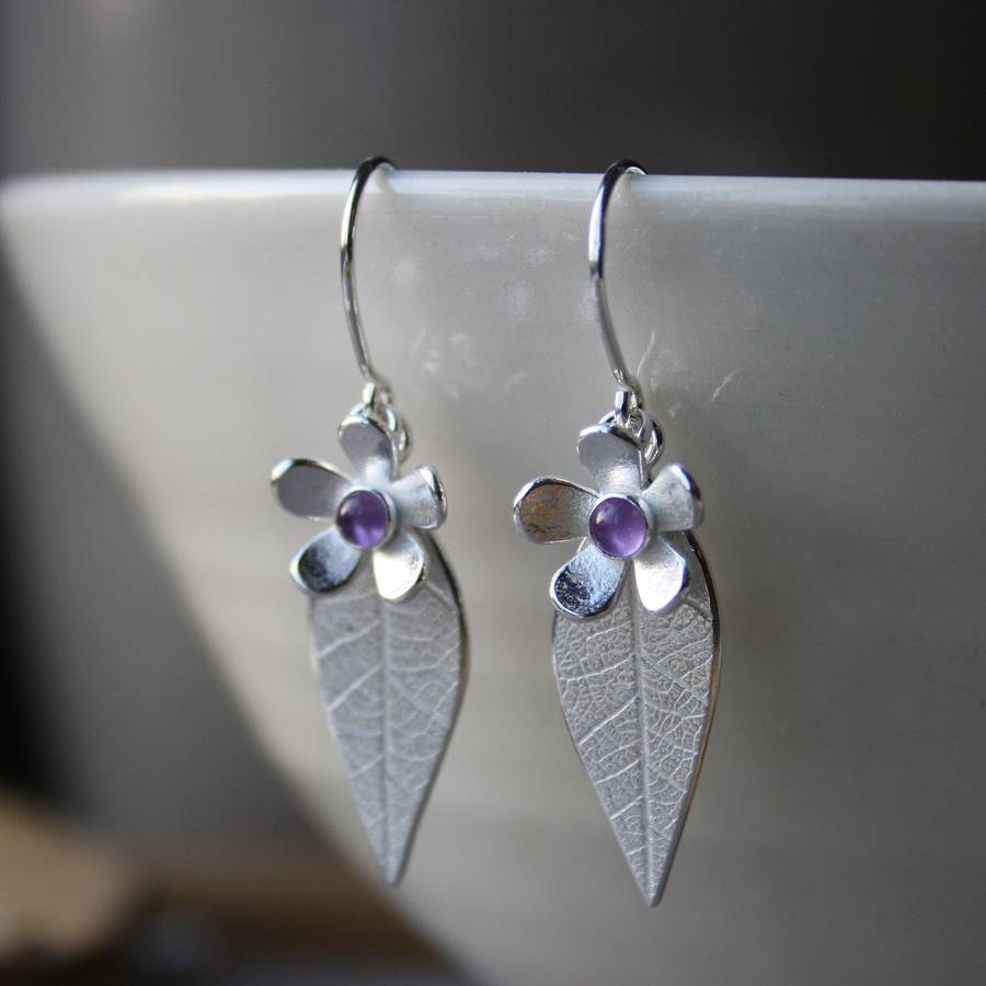 Silver Leaf And Gemstone Daisy Drop Earrings, 1 of 4