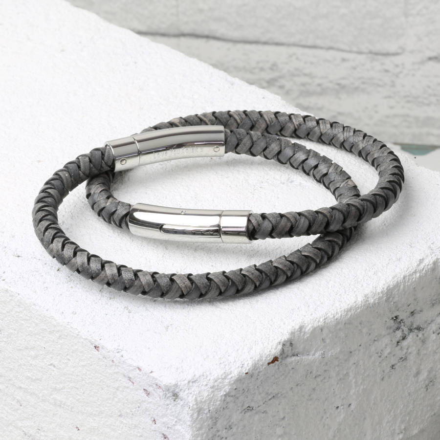 engraved men's brown leather bracelet by lisa angel