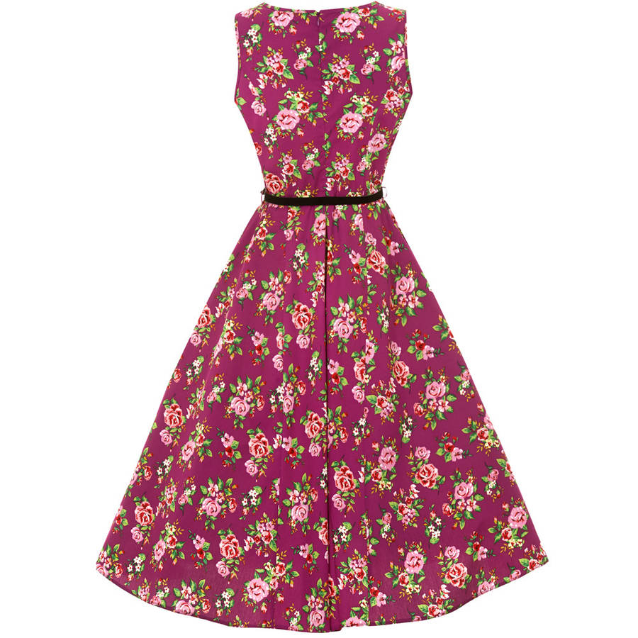 1950s Vintage Style Damson Berry Floral Hepburn Dress By Lady Vintage ...