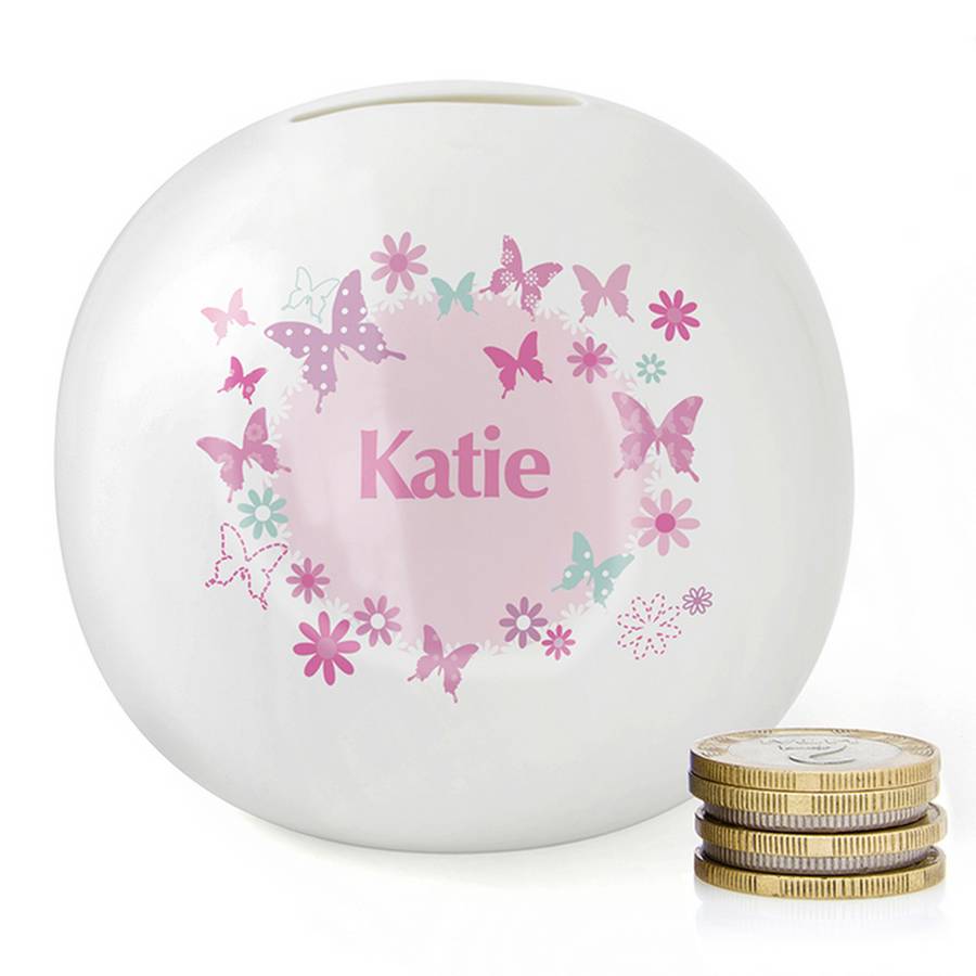 Girls Pink Butterfly Personalised China Money Box By Chalk And Cheese