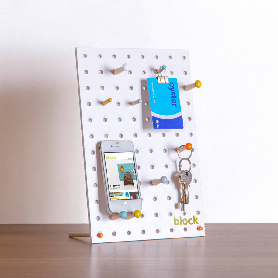 desk pegboard with wooden pegs, white by block design